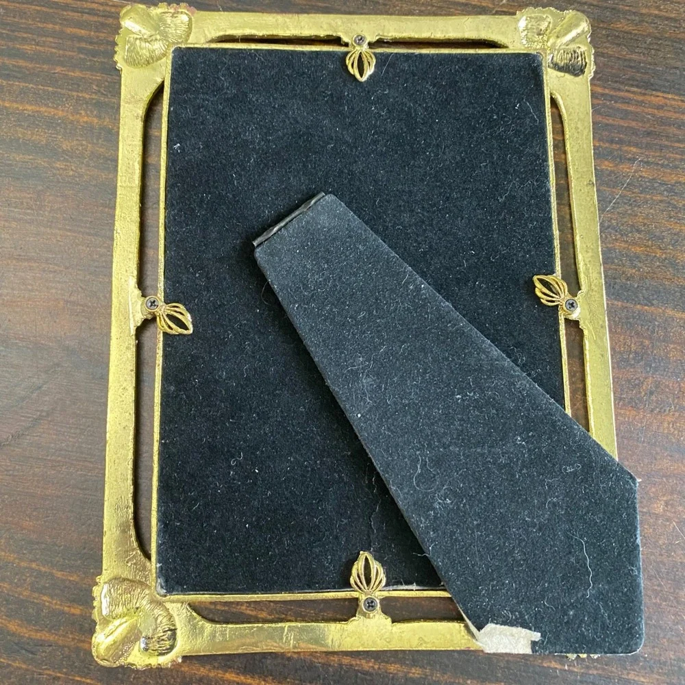 Vintage Art Nouveau Style Enameled Metal Photo Frame Gold Blue Rhinestone 5x7